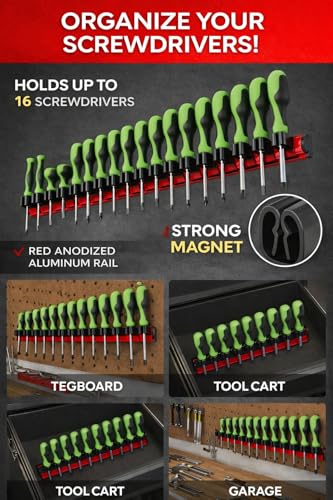 Magnetic Screwdriver Organizer for Tool Box Drawer – Holds 16 Tools – Magnetic Tool Box Organizer Rack – Screwdriver Holder for Toolbox, Drawer, or Wall Mount (RED) - color: RED