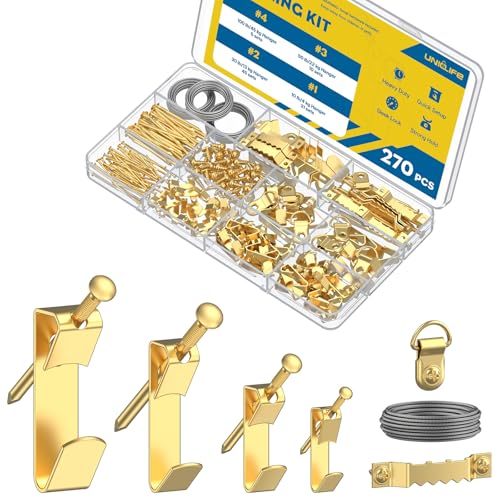 Uniclife 270 Pcs Heavy Duty Picture Hanging Kit, 10 lb, 30 lb, 50 lb, 100 lb Picture Hanging Hooks with Nails, D Ring Picture Hangers Sawtooth Picture Hangers & Picture Hanging Wires with Screws - size: 270 Pcs, style: Gold