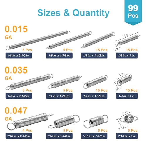 99PCS Extension Spring Assortment Kit, 12 Sizes Small Tension Springs with Dual Hook Ends, Galvanized Spring Steel Construction, Tiny Springs Set for Hobby Crafting and DIY Repair Project
