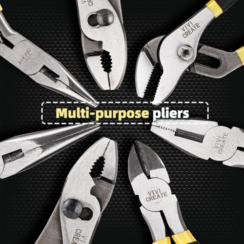 Vivicreate 7 Piece Pliers Set Heavy Duty Hand Tool Set with 8 Inch Groove Joint 8 Inch and 6 Inch Slip Joint 7 Inch Linesman 6 Inch Diagonal and Long Nose Pliers for Home Garage DIY Repair