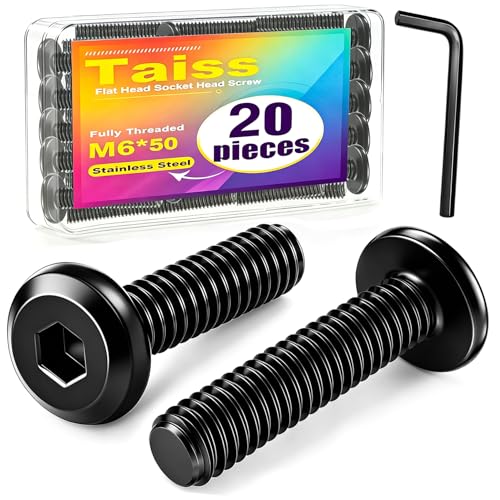 Taiss 20pcs M6 x 50mm Flat Head Socket Head Screw Furniture Bolts,Furniture Screws Stainless Steel 18-8(304),M6 Bolts Black Zinc Plated Fully Threaded,Countersunk Connector M6 Screws with Hex Spanner - size: 20PCS M6x50mm