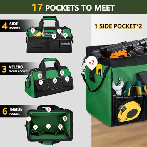 16 Inch Heavy Duty Tool Bag, Compact Tool Organizer with 17 Pockets, Wide Mouth Tool Tote with Adjustable Shoulder Strap, Portable Work Bag for Electricians, Mechanics, Contractors, DIY & Home Repair - size: 15.6"L x 8.3"W x 9.5"H