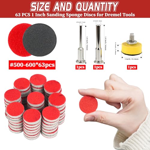 63 PCS 1 Inch Sanding Dremel Discs Hook and Loop Sandpaper 500-600 Grit | Wet Dry Sanding Pads with 1/8" 1/4" Shank Small Sanding Discs for Curved Surfaces Resin Wood Metal - style: 500-600 Grit