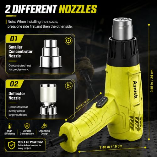 Asnish Heat Gun 1500W, Hot Air Gun Kit Dual Temperature Settings 572℉~932℉
