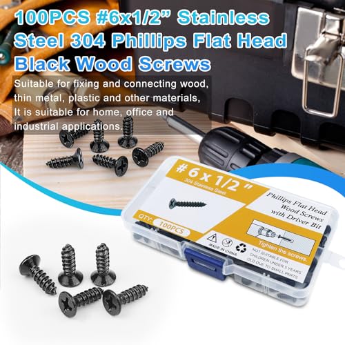 100PCS #6 x 1/2" Black Wood Screws, Flat Head Stainless Steel Sheet Metal Screws, Fast Self Tapping Screws for Deck Drywall Concrete Screws with Screwdriver Bit - style: Black #6X1/2" Flat Head 100PCS