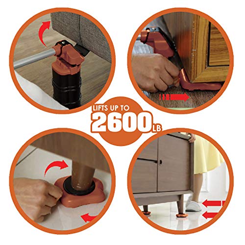 Heavy Duty Furniture Lifter with 4 Sliders for Easy and Safe Moving, Appliance Roller Suitable for Sofas, Couches and Refrigerators, Adjustable Height (Load Capacity: 660lbs Per Wheel) Brown - color: Brown