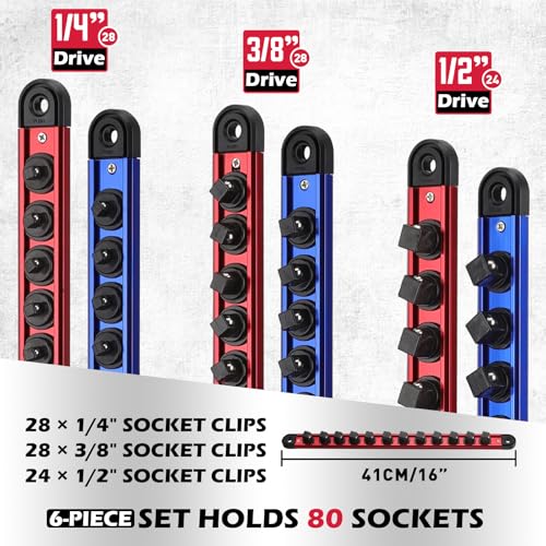 8-Piece Magnetic Socket and Wrench Organizer Set, Metric & SAE, 1/4", 3/8", 1/2" Drive Socket Rail, 24-Slots Wrench Holder with Non-Slip Handle for Toolbox Drawer Storage (Socket Wrench not Included) - style: 8-Piece High-Capacity Combo
