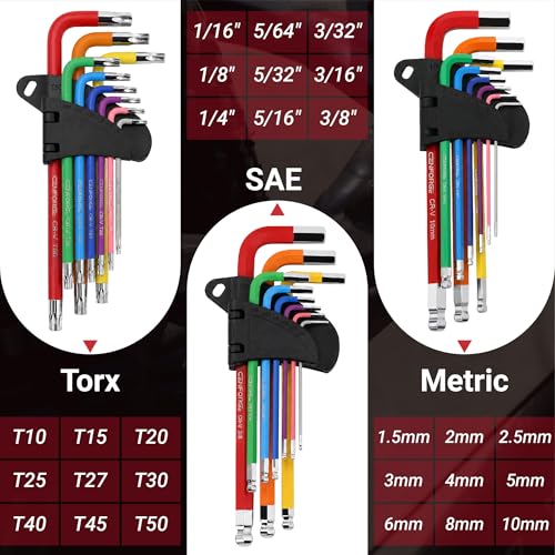 28-Piece Magnetic Allen Wrench & Torx Set – Long Arm Hex Keys (Metric, SAE, Star T10-T50) with Torque T-Handle – CR-V Steel Ball End Kit for Bike Repair, Automotive & Home DIY - style: Combo set