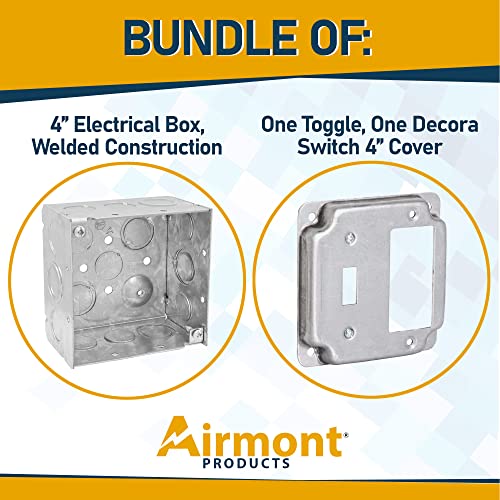 Pack of Box and Cover 4'' Square Electrical Box, One Toggle/One Rocker Switch Exposed Work Cover, Crushed Corners, Welded Construction, Ten 1/2'' and Six TKO Knockouts, Raised Ground, 2-1/8'' Deep - size: Toggle / Rocker