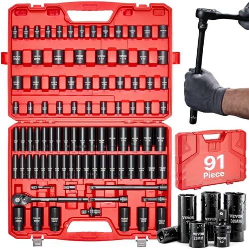 VEVOR 91-Piece 1/2" Drive Impact Socket Set, Deep & Shallow Kit - size: 1/2" 91 PCS