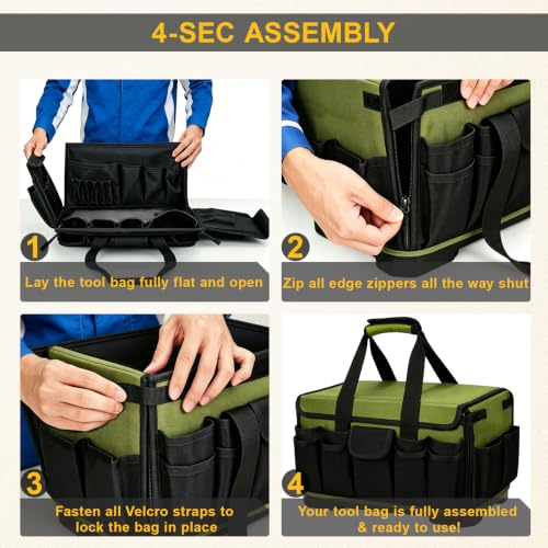 18-Inch Heavy Duty Tool Bag, 45-Pocket Large Capacity Tool Organizer with Hard Base & Waterproof Pocket, Tear-Resistant Electrician Tool Tote for HVAC, Mechanic, Carpenter