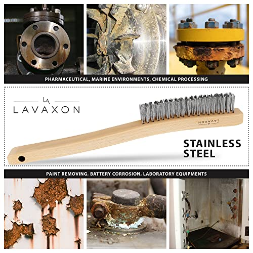 Lavaxon Wire Brush Set-Heavy Duty Stainless & Carbon Steel Bristles with Wood Handle Grip for Rust, Wielding Slag, Dirt & Paint Scrubbing with Deep Cleaning – 14 Inches (Pack of 2)