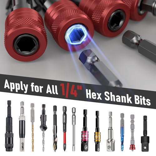 Enhanced Non-Slip Bit Holder Key Chain 6pc, Drill Bit Holder for 1/4 Inch Hex Shank Bits, Bit Holders for Impact Driver Drill Bit Extension, Screwdriver Bit Holder, Quick Change & Easy Access, Red - color: Red