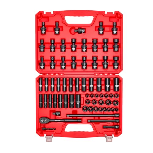 VEVOR Impact Socket Set 3/8" Drive, 67 PCS, CR-MO Swivel Sockets, SAE 5/16"-3/4" & Metric 8-19mm, 6 Point Shallow & Deep, Ratchet Handle, Extension Bars, Adapters, Universal Joint - size: 3/8" 67 PCS CR-MO