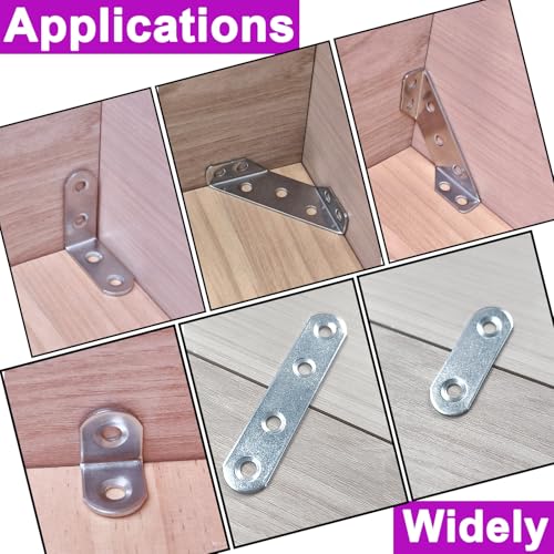24 Pcs Corner Brace Flat Straight Bracket Sets, Stainless Steel L Brackets for Wood, Various Mending Plates with Screws - size: 6 size/ Mixed set