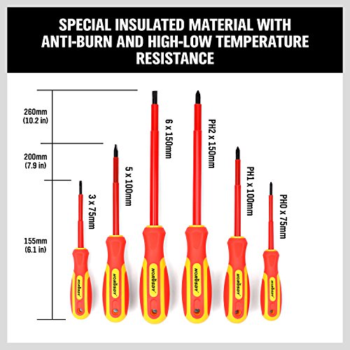 HORUSDY 6-Piece 1000V Insulated Precision Screwdriver Set, Magnetic Tip CR-V Electrician Tools with Cushion Grip TPR Handle for Electrical Applications - style: 6-Piece 1000v Insulated Screwdriver Set