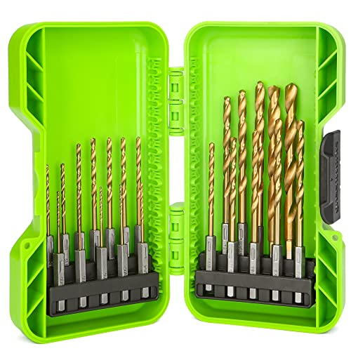 Greenworks 22 PC Titanium Twist Drill Bit Set, 135° Tip High Speed Steel, Ideal Drilling in Wood/Cast Iron/Aluminum Alloy/Plastic/Fiberglass - size: Tool Only(22-Piece Accessories)