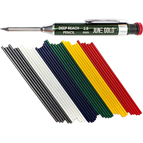 June Gold 2.8 mm Deep Reach Metal Carpenter Pencil, 36 Refills, 6 Colors