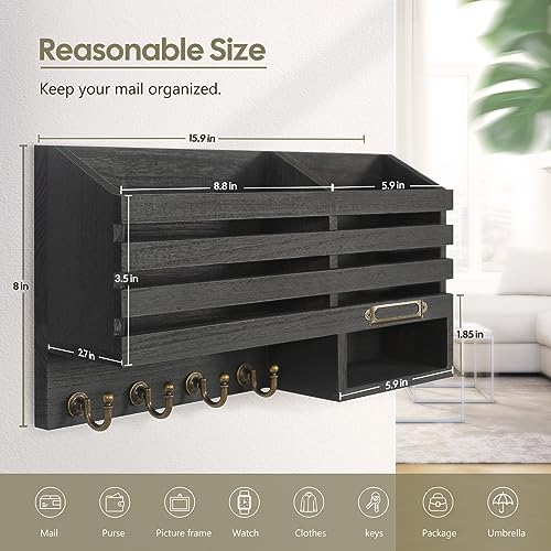 FifthQuarter Mail Holder Wall Mount with 2 Mail Slot and 4 Sturdy Hooks - color: C-Black