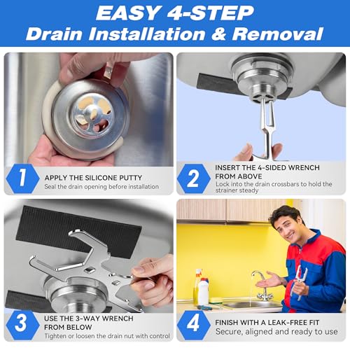 4 Sided Drain Strainer Wrench and 3 Way Plumbers Wrench Set, Heavy Duty Sink Drain Tool for Tub Removal, Basket Strainer Installation, Fits 1-3/4, 2, 2-1/2 Inch Nuts, with Silicone Putty