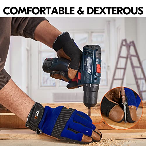 Vgo... 1-Pair Safety Work Gloves for Men,Anti-Vibration,Abrasion Resistant,Leather Work Gloves (XL,Blue, CA9765) - size: X-Large (Pack of 1), style: Blue&brown-cow Leather