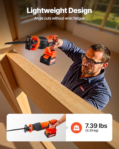 VEVOR 20V Brushless Reciprocating Saw, Cordless Reciprocating Saw with Battery, 3000 SPM Variable Speed, 1" Stroke Length Charger, 8 Blades, and Carrying Bag, for Wood, Metal and Plastic Cutting - size: 1-1/8 in-20V