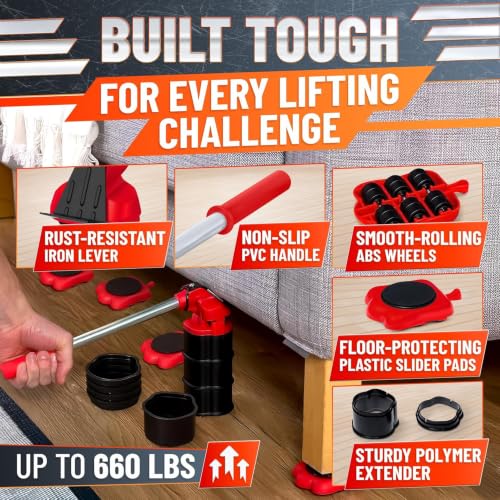 Furniture Lifter Tool with 4 Pcs Appliance Movers Sliders, 660 Lbs - color: Red