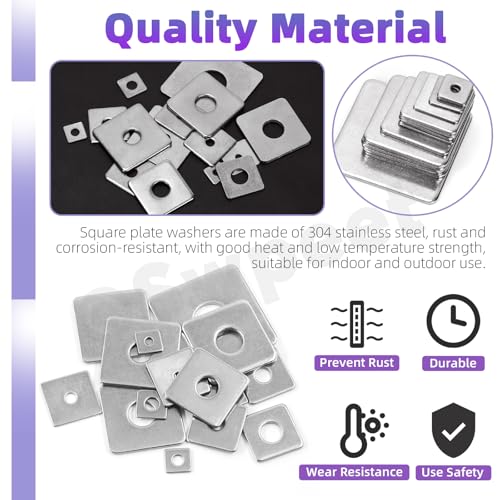 Swpeet 100Pcs 15 Sizes M3 M4 M5 M6 M8 M10 M14 304 Stainless Steel Silver Squares Washer with Round Hole Assortment Kit, Square Plate Washers Rectangular Pad Spacer Gasket Washer for Hardware Fastener