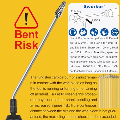 Sworker 10Pcs Long Carbide Burr Set 1/8" Shank Total L 4.4" Compatible with Dremel Die Grinder Bits Port Grind Metal Cast Iron Steel Aluminum Cylinder Head Engine Intake Exhaust Manifold Tight Area