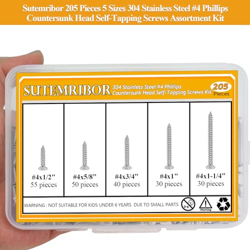 205 Pieces #4 x 1/2" 5/8" 3/4" 1" 1-1/4" Wood Screws Set, Phillips Countersunk Head #4 Self-Tapping Screws Assortment Kit, 304 Stainless Steel - size: #4, style: Phillips Countersunk Head