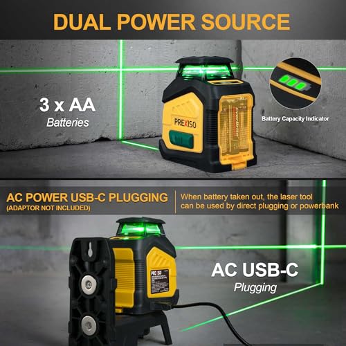 PREXISO 360° Laser Level with Tripod, 100Ft Dual Power Self Leveling Cross Line Laser- Wide Angle Vertical Line for Construction, Floor Tile, Renovation with Magnetic Base, Wall Panel Stand, Carry Bag