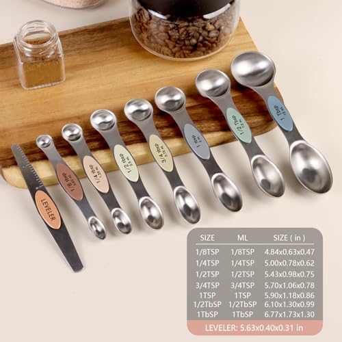 ChefAide Set of 8 Magnetic Measuring Spoons, Stainless Steel, Dual Sided - color: Multicolor-7, size: Magnetic Measuring Spoons