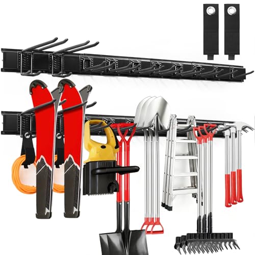 64 Inches Garage Tool Organizer Wall Mount, Tool Storage Rack Wall Mount, Heavy Duty Garden Wall Organizer System for Yard, garage and Shed, Tool Holder for Hanging Rake Snowboard Broom Mop - size: 64" Alloy Steel