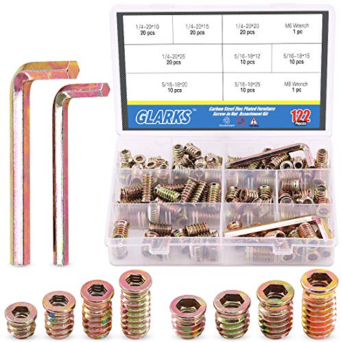 Glarks 120Pcs 1/4"-20, 5/16"-18 Threaded Inserts Nuts Assortment Set, Zinc Plated Carbon Steel Hex Socket Drive Furniture Flanged Screw-in Nut with M6 M8 Hex Wrench for Wood Furniture - size: 1/4"-20 & 5/16"-18 Assortment