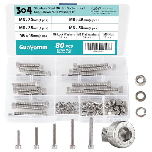 M6 x 30mm 35mm 40mm 45mm 50mm, Hex Socket Head Cap Screws Bolts Washers Nuts Assortment Kit, Stainless Steel 304, Metric Allen Drive, 80 PCS - size: Socket M6x30/35/40/45/50 mm