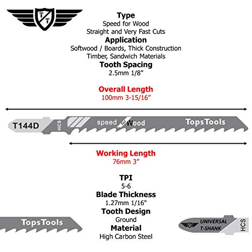 TopsTools 25pcs JSTT144D_5 100mm T144D Jigsaw Blades for Wood Long Life