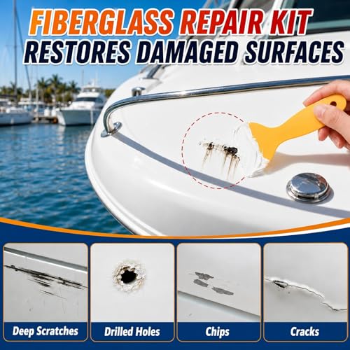 Marine Fiberglass Repair Kit for Boats, Gel Coat Repair Kit with Waterproof Epoxy Filler, Boat Fiberglass Repair Kit to Fix Holes, Chips, Deep Cracks & Scratches, White, Above-Waterline Use