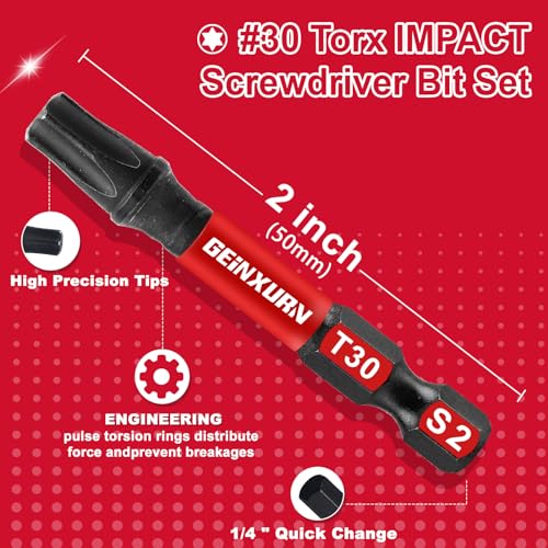 Geinxurn 15 Pieces T30 Impact Tough Magnetic Screwdriver Bit Set, 2 In. #30 Torx Head Power Bit Set, S2 Alloy Steel T30 Star Bit Set - size: 2"-15PCS, style: T30
