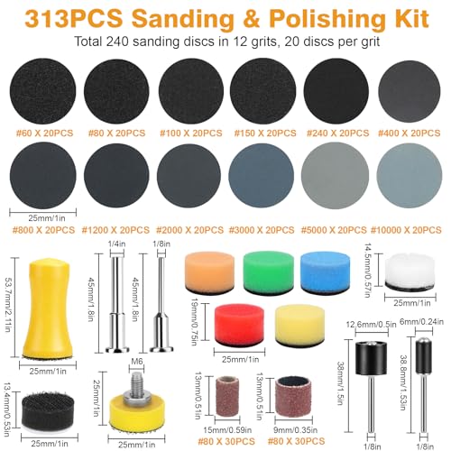 313 PCS 1 Inch Sanding Discs and Drums, 60-10000 Grit Sandpaper Hook and Loop Discs, 80 Grit Sanding Drums for Rotary Tool, Corded Drill, Cordless Drill