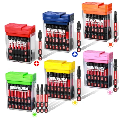 Geinxurn 90 Pieces Impact Screwdriver Bits Set with Colorful Boxes, 2" Magnetic (PH2,PZ2,SQ2,T10,T15, T20,T25,T30) S2 Steel Multi Driver Bits - color: Multi-bit, size: 2''-90PCS
