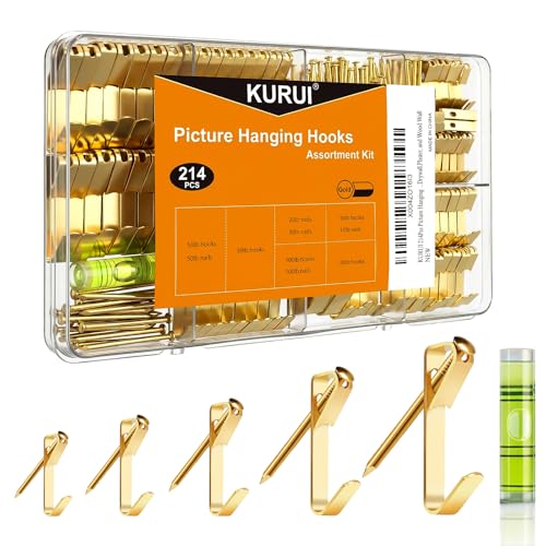 KURUI 214Pcs Picture Hanging Hooks, Renter Friendly Picture Hanging Kit with Heavy Duty Picture Hangers and Hardware Nails, for Frame, Painting, Art and Photo, on Drywall,Plaster, and Wood Wall - color: Gold