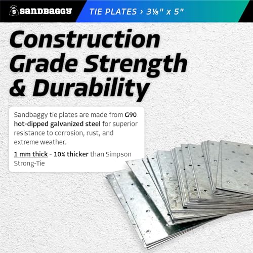 Sandbaggy Tie Plate for Wood (3-1/8" x 5") - Hot Dipped Galvanized Steel - 20 Gauge - 23 Nail Holes (Similar to Simpson Strong-Tie TP35) (3.125" x 5", 5)