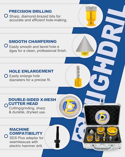 HIGHDRIL 11Pcs Diamond Hole Saw Kit - 1/4", 5/16", 3/8", 1", 1-3/8", 2", 2-1/2" Drill Bits with 3/8" Finger Bit, 2" Chamfer Bit, SDS Plus Adapter & 1 pcs 4.5-inch Saw Blade for Tile/Ceramic/Marble - size: Kit 5 Thread