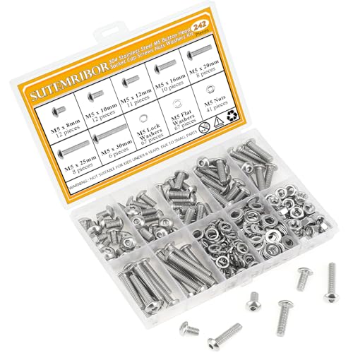 242 Pieces M5 Screws Nuts Washers Set, Sutemribor M5 x 8/10/12/16/20/25/30mm Button Head Socket Cap Screws Nuts Washers Assortment Kit, 304 Stainless Steel, Fully Threaded - size: M5 Screws Kit, style: Button Head