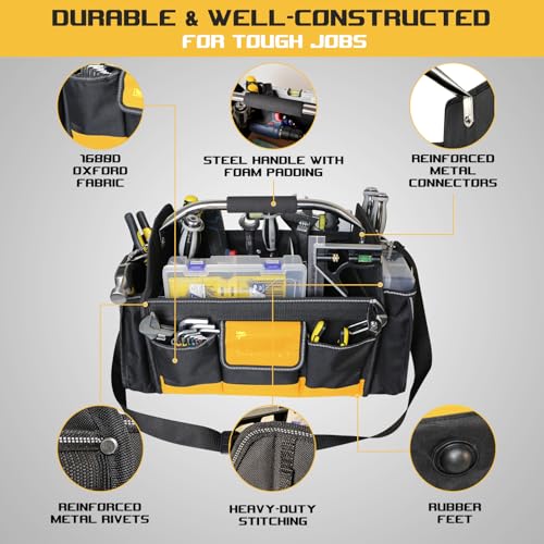 18 Inch Open Top Tool Bag, Tool Bags for Men with 30 Pockets, 1680D Waterproof Fabric, Foldable Electrician Tool Bag with Rotating Handle, Reflective Tool Organizer for Men, Yellow - color: Black-Yellow