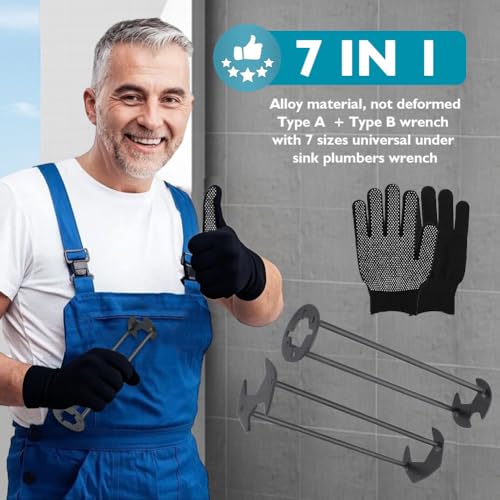 2Pcs Multifunctional Basin Wrench Set,7Sizes Faucet Wrench with Gloves,Universal Under Sink Plumbers Tool,Two-Shaft Design Four-Jaw Hex Faucet tool for Kitchen & Bathroom(Black)