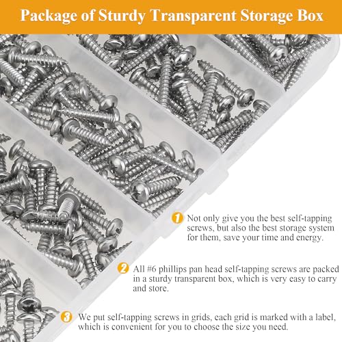 185 Pieces #6 x 3/8" 1/2" 5/8" 3/4" 1" Wood Screws Set, Phillips Pan Head #6 Self-Tapping Screws Assortment Kit, 304 Stainless Steel - size: #6, style: Phillips Pan Head