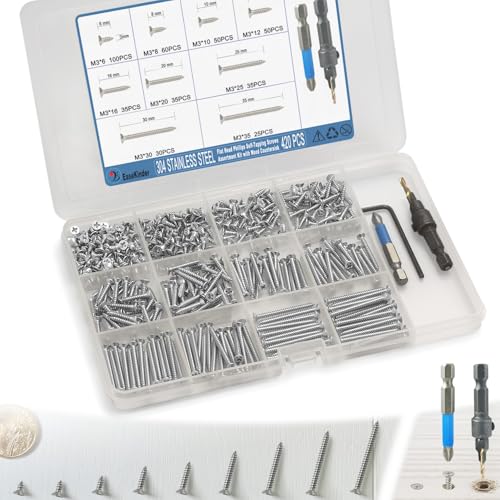420PCS Flat Head Phillips Wood Screws Assortment Kit, 304 Stainless Steel Self-Tapping Screw with Adjustable Wood Countersink (SS304 M3) - size: SS304 M3