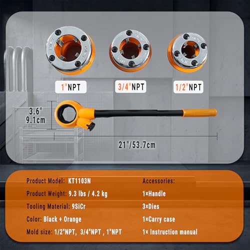 Ratchet Pipe Threader Kit w/ 3 NPT Dies (1/2", 3/4", 1"), Heavy-Duty 9SiCr Steel Threading Tool for Galvanized, Iron, Copper & Aluminum Pipes, Portable with Storage Case - size: 1/2"- 1" (3pcs)
