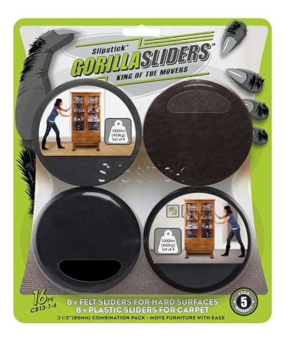 Slipstick GorillaSliders Premium Furniture Sliders for All Floor Surfaces (16 Piece Moving Kit) Reusable 3.5” Round Furniture Movers for Sliding Furniture on Hardwood & Carpet, Black, CB13-1-16 - size: 3-1/2" Combo (For Any Surface)